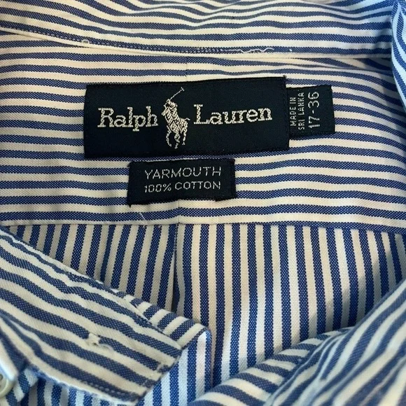 Ralph Lauren Mens
•Dress Shirt
•Button Up
•Blue Striped Cotton Yarmouth 17-36 - Picture 4 of 8